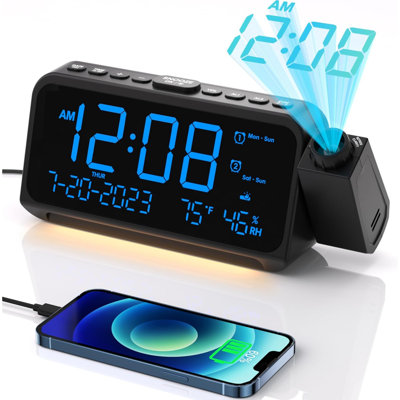 Réveil à projection pour chambre à coucher, réveil avec projecteur rotatif à 350 °, 5 lumières, double alarme avec mode semaine / fin de semaine, température et humidité, sommeil, réveil de chevet pour les gros dormeurs (bleu)