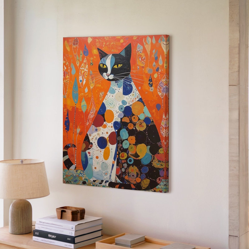 Grand chat moderne abstrait félin stylisé avec des couleurs rétro sur toile, prêt à accrocher, de qualité supérieure