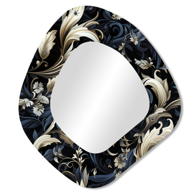 Damask Black And Grey Calligraphy Flourishes - Damask Unique Shape Large Mirror, Boho Asymmetrical Unique Wall Mirror Decor, Printed Metal Art