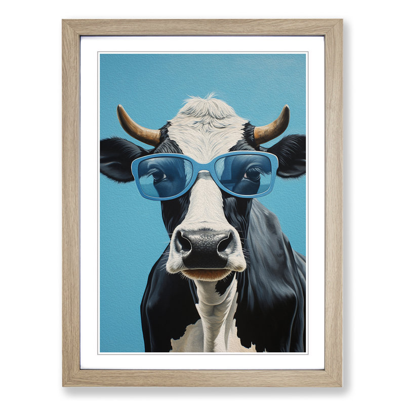 Cow With Glasses No.2 - Single Picture Frame Print on Wood, Oak, 64cm H x 46cm W x 2cm D