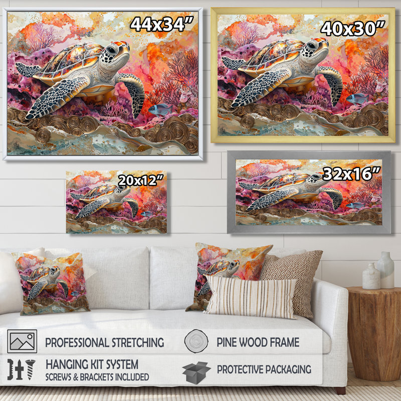 Aquarium, tortue, corail, sanctuaire I - tortue, art mural sur toile, Reproduction d'une seule photo avec cadre, Noir