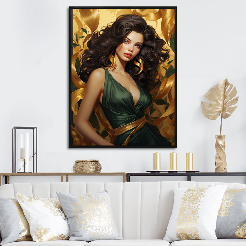 «Green and Gold Glam Woman Glory I», Cadre flottant noir, 32" H x 16" W