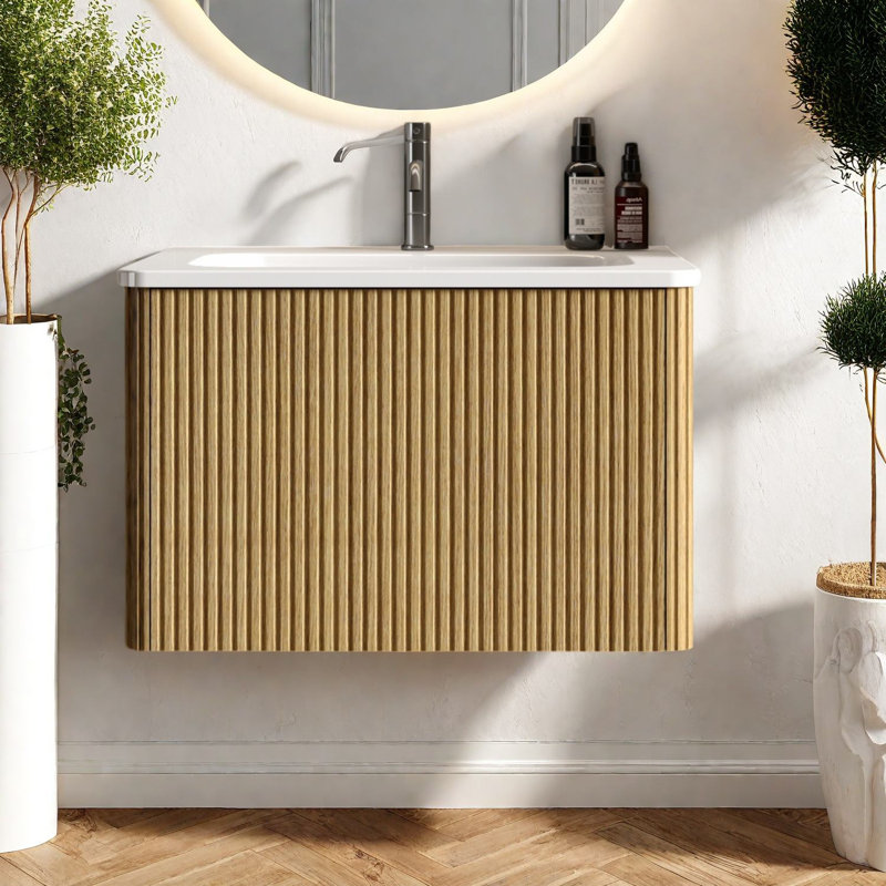 Modern Oak Bathroom Vanity With Ceramic Sink, Space-saving Design