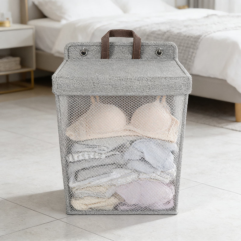 Two Medium-Sized Grey Pieces,Foldable Laundry Hamper Basket For Home, Bathroom, Dorm - Multi-Functional Storage Organizer With Wall Mount Option, Made Of Breathable Linen Cotton Blend