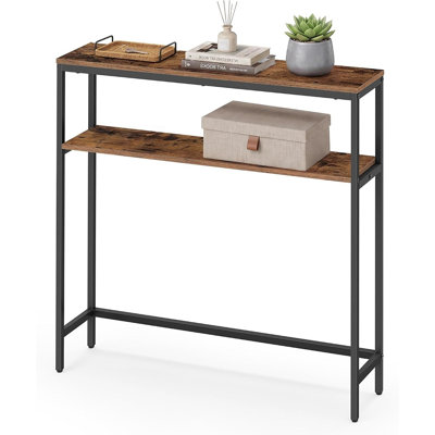 Console moderne à 2 niveaux avec étagères de rangement, table d'appoint étroite rustique marron et noire pour entrée, salon et chambre