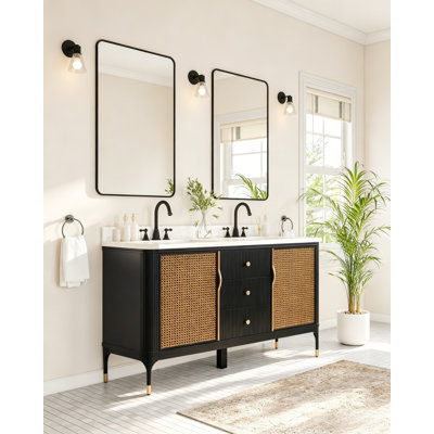 60" Mid-Century Glam Rattan Double Sink Bathroom Vanity with 1" Engineered Stone Top