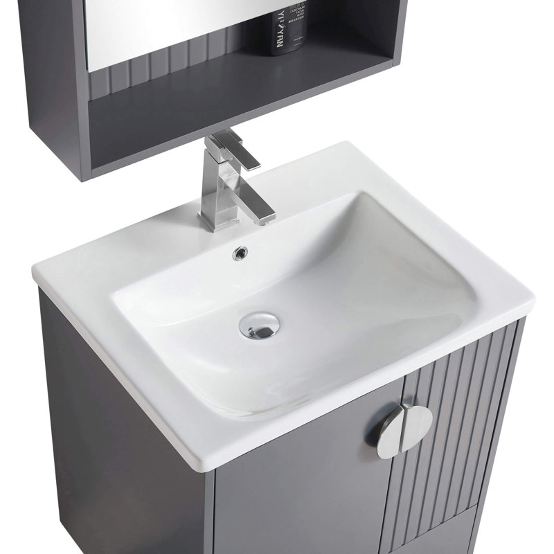 Saimah 24'' Single Bathroom Vanity with Ceramic Top, Polished Chrome, Rock Gray