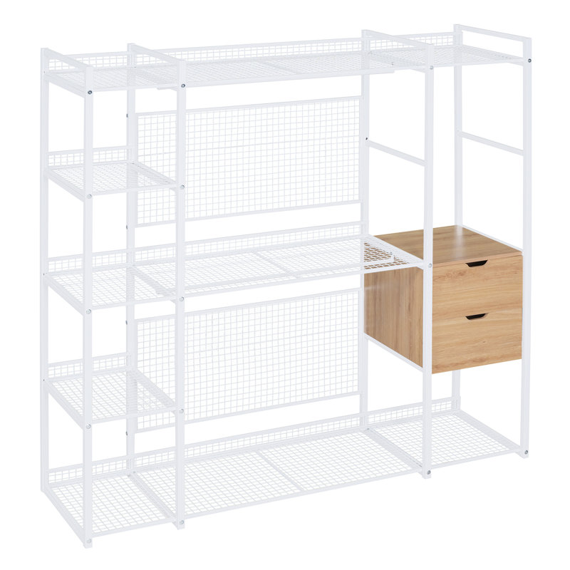 Garde-robe de style ouvert avec rails suspendus, tablettes et tiroirs, Blanc