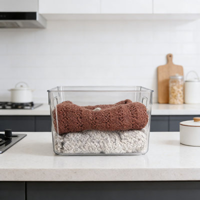 Clear Plastic Storage Bins 2 Pack - Stackable Organizer Containers With Handles For Pantry, Kitchen, Cabinet, Closet, Office & Garage Organization