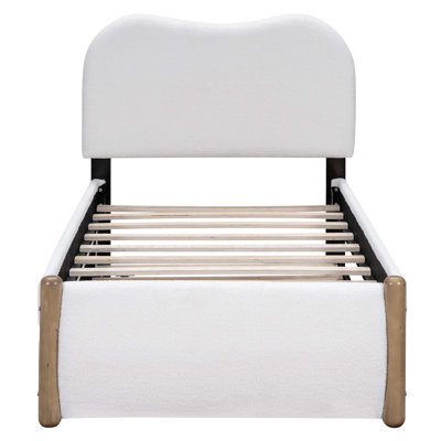 Twin Size Upholstered Platform Bed With Wood Supporting Feet And Twin Size Trundle
