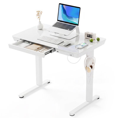 Tempered Glass Top Height Adjustable Standing Desk, Computer Desk with Drawer and USB Charge