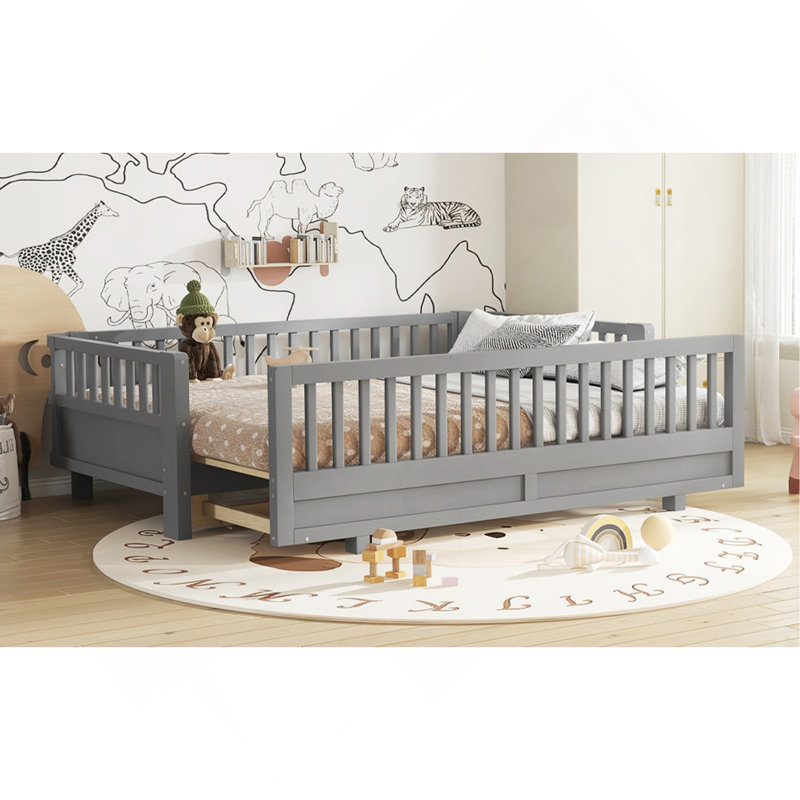 Lit plateforme avec garde-corps, structure de lit simple TG en bois massif, peut être converti en grand lit plateforme, Gris