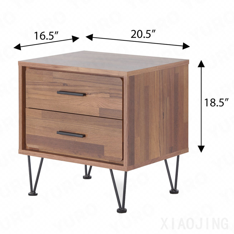 Table d'appoint 2 tiroirs en noyer avec pieds en épingle à cheveux, Noyer / noir