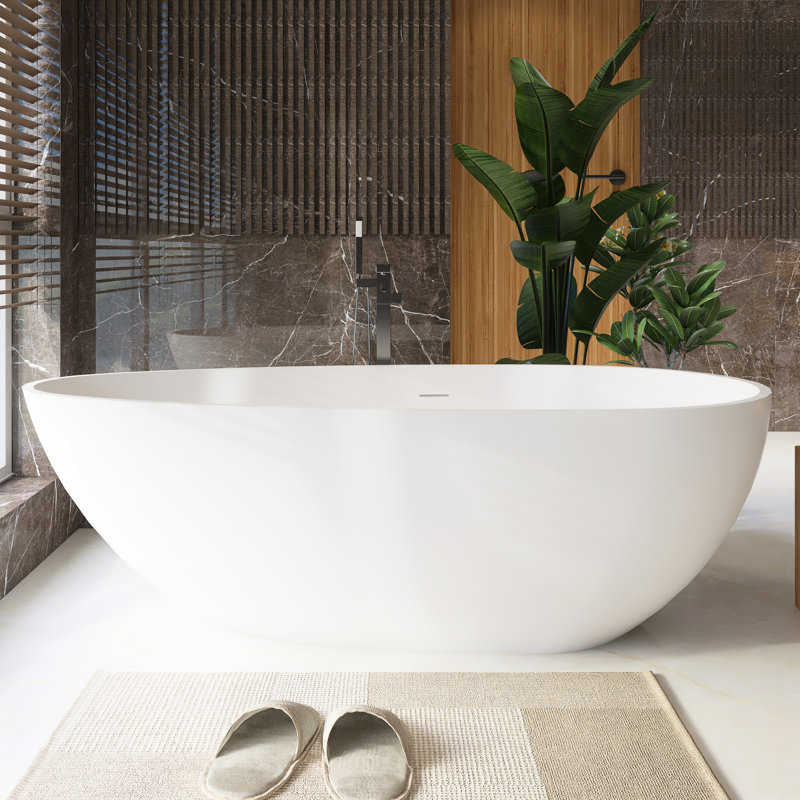 Spa-Like Freestanding Solid Surface Bathtub - 66.9" Deep Soaking Tub with Overflow