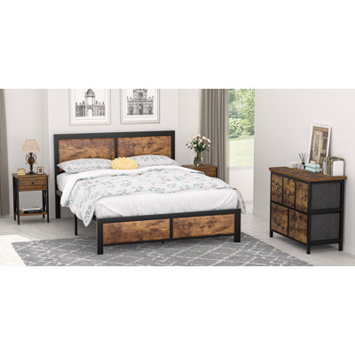Ensemble de chambre à coucher en bois Cadre de lit en bois, commode 5 tiroirs, ensemble de table de chevet