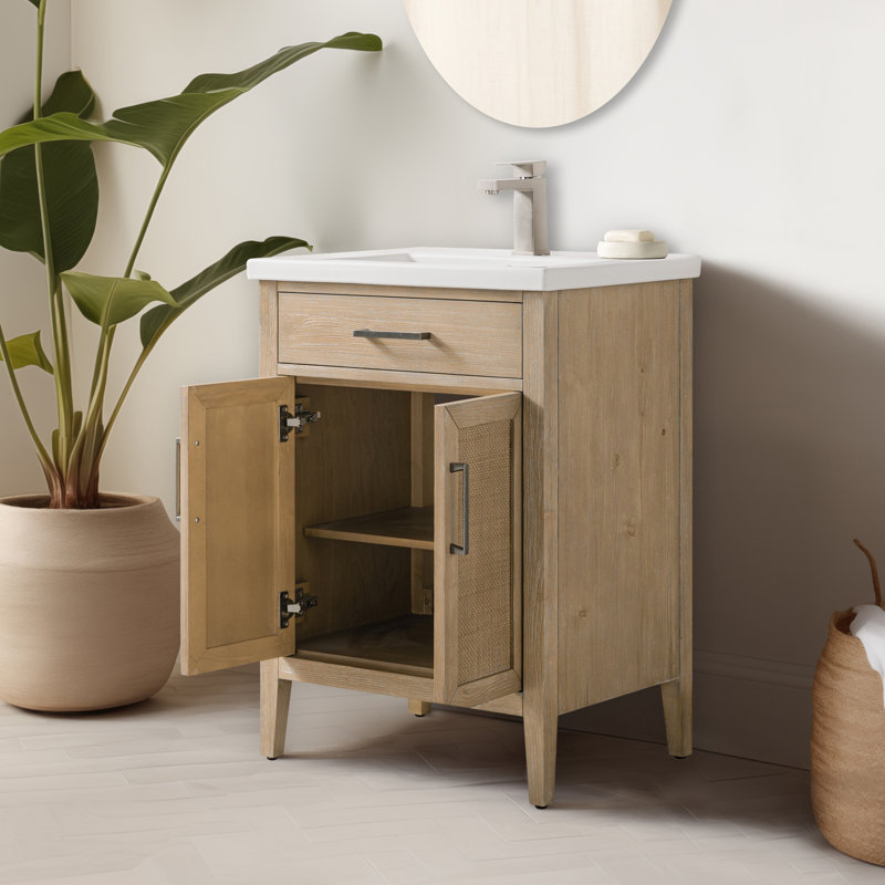 Sebastiano 24'' Single Bathroom Vanity with Ceramic Top, Coastal Sand/Antique Nickel