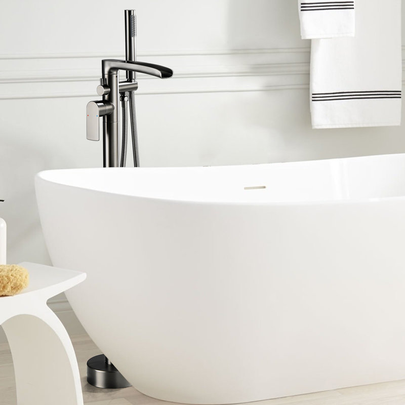 37-1/2" Solid Brass Floor Mounted Bathtub Faucet Freestanding Tub Filler with Handheld Shower, Gun Gray