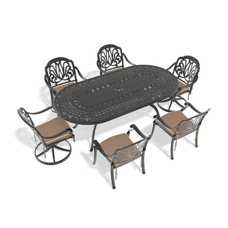 Ensemble de salle à manger 7 pièces en fonte d'aluminium toutes saisons comprenant 2 chaises pivotantes, 4 chaises de salle à manger et une table ovale avec structure noire (même référence: W1710S00391, W1710S00598)