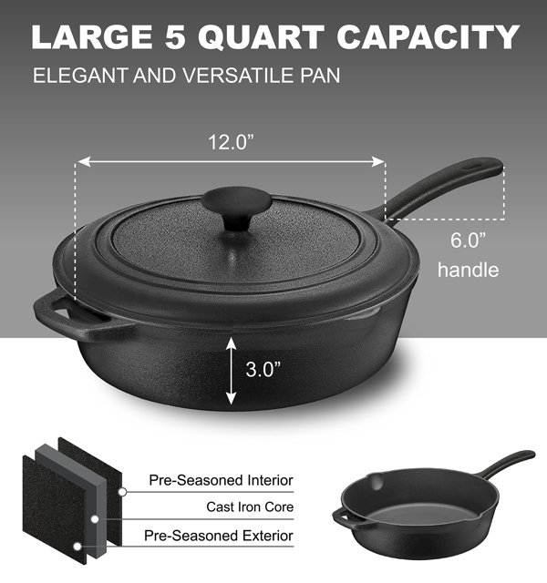 Bruntmor 5qt Matte Green Enameled Cast iron Skillets With Lid and handle,  Non stick Cookware And Grill For Casserole Dish, 5 Quarts Grill Frying