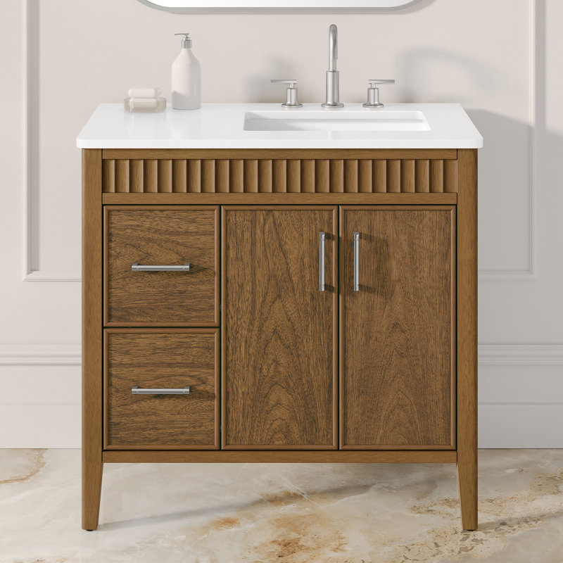Juliette 36 in. Single Sink Freestanding Warm Walnut Bathroom Vanity with White Quartz Top, Brushed Nickel Hardware