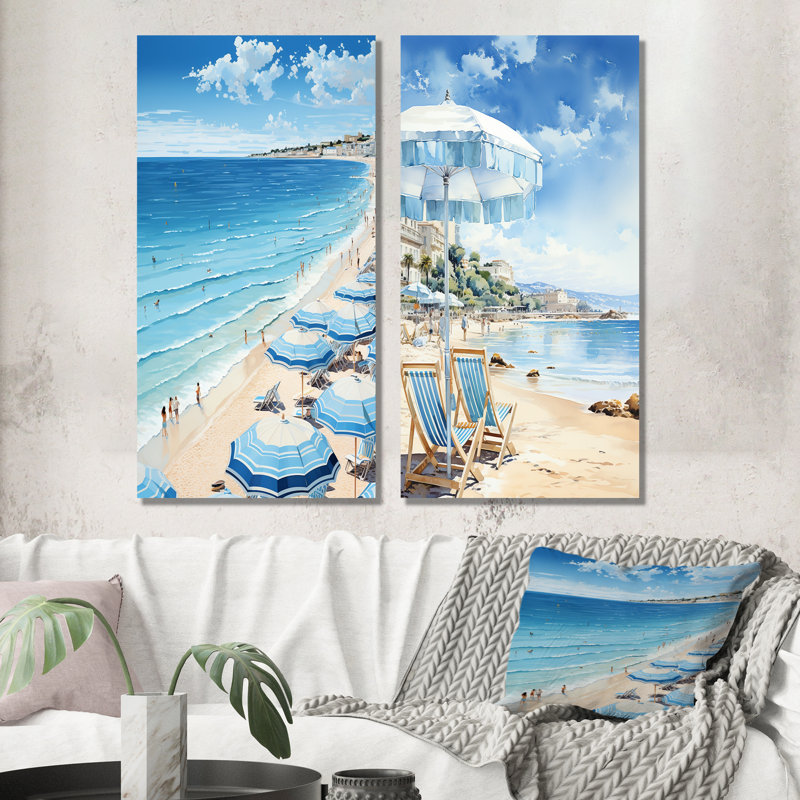 French Coast Cannes Harmony - Ensemble de 2 décorations murales plage et océan, Toile tendue, H 32 po x l 33 po