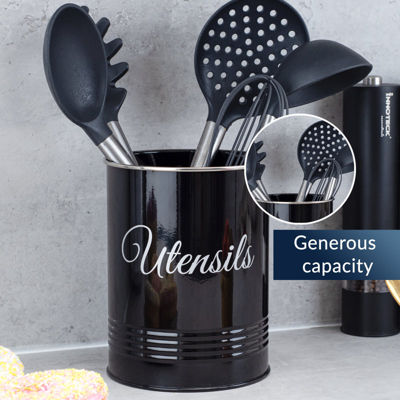 Metal Round Utensil Crock, Black