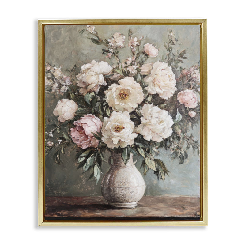  Art mural sur toile flottant avec pivoines roses, H 31 po x l 25 po, Cadre flottant métallique doré