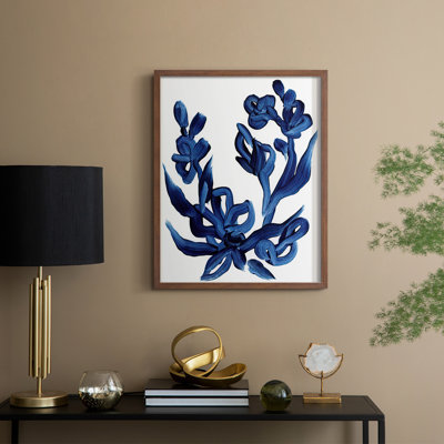 «Indigo Brush Blooms I», reproduction encadrée - bois massif