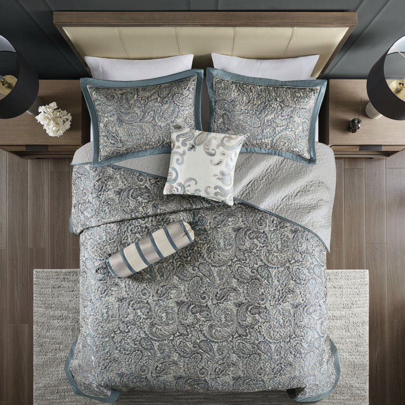 Couvre-lit très grand bleu sarcelle - 5 pièces, 100%, revers en microfibre, bourre en coton, ornement en cachemire élégant, taille de literie lavable à la machine avec 2 taies décoratives, motif