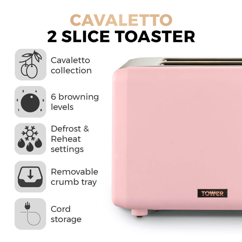 Tower T20036PNK Cavaletto 2-Slice Toaster with Defrost/Reheat, Stainless Steel, 850 W, Marshmallow Pink and Rose Gold