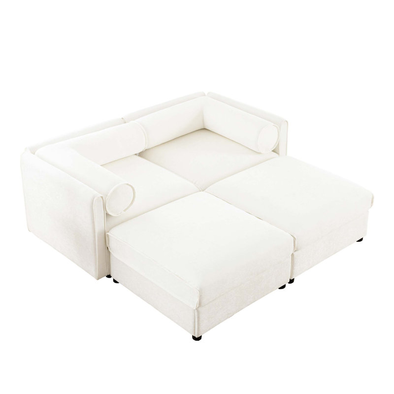 Élégant canapé en chenille 2 places avec 2 sièges de rangement pour repose-pieds, dossier cylindrique et accoudoirs, causeuse moderne en tissu avec espace de rangement caché