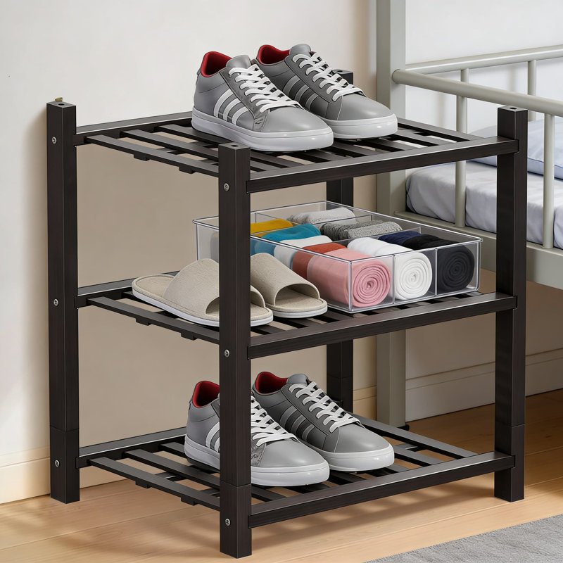 Stackable Bamboo Shoe Rack Organizer With Grid Panel, Multifunctional Free Standing Storage Shelf For Closet, Hallway, Entryway, And Small Spaces