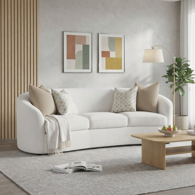 Sofa courbé, canapé rembourré avec accoudoirs inclinés et coussins
