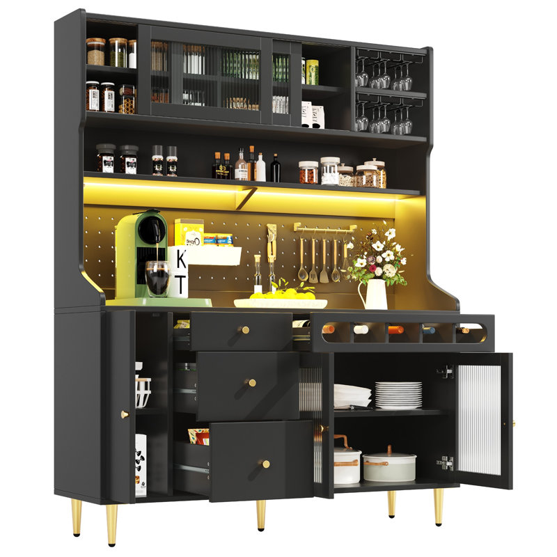 145×39×171cm Black Freestanding Tall Highboard with App USB LED, Pull-out Wine Rack, Pegboard & Adjustable Shelves for Kitchen & Living Room
