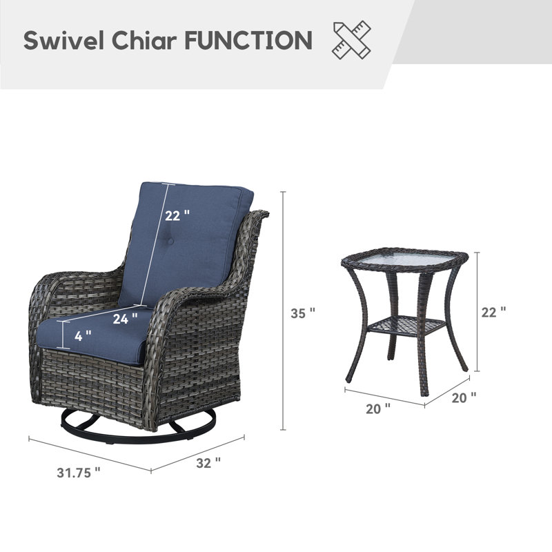 New Caro 2 - Person Outdoor Seating Group PE Wicker Swivel Glider Chair With Cushions With Side Table, Blue