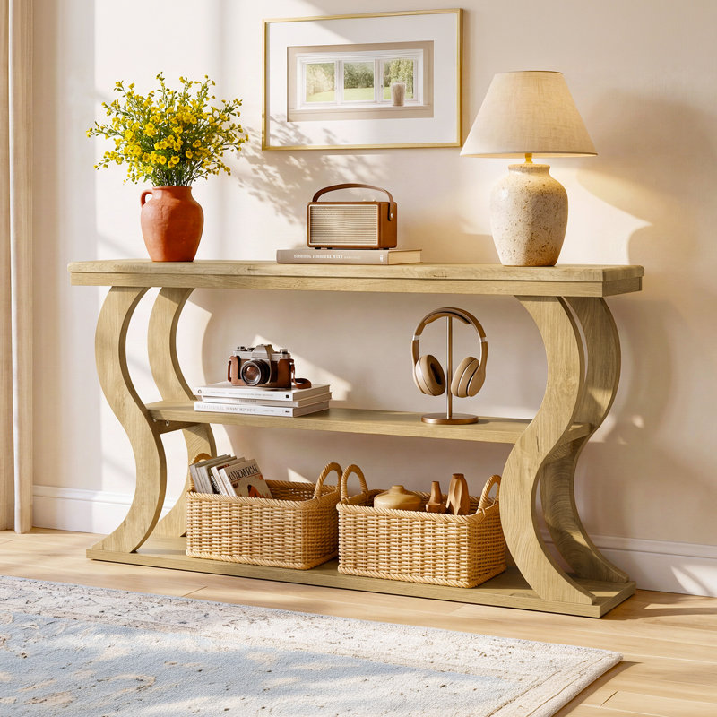 Console de 55 po avec tablettes de rangement, table d'entrée de style campagne moderne, tables de canapé en bois derrière le canapé avec cadre incurvé pour le couloir, entrée