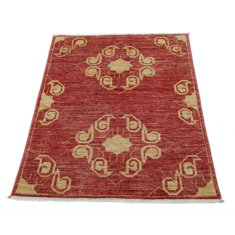 Tapis rouge et doré 2,8 x 3,7 pi noué à la main avec tapis médaillon 100% laine