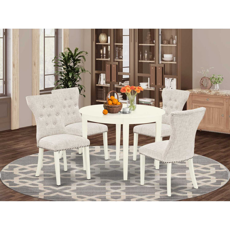 5 Piece Kitchen Table Set for 4 Includes a Round Dining Room Table and 4 Doeskin Linen Fabric Parsons Dining Chairs, Linen White