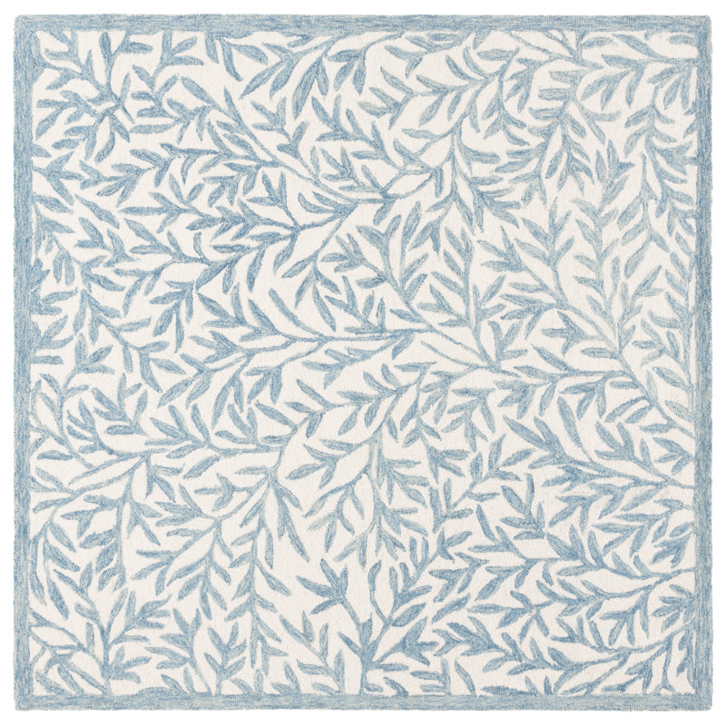 Ivory and Blue Hand-Tufted Round Wool Floral Rug