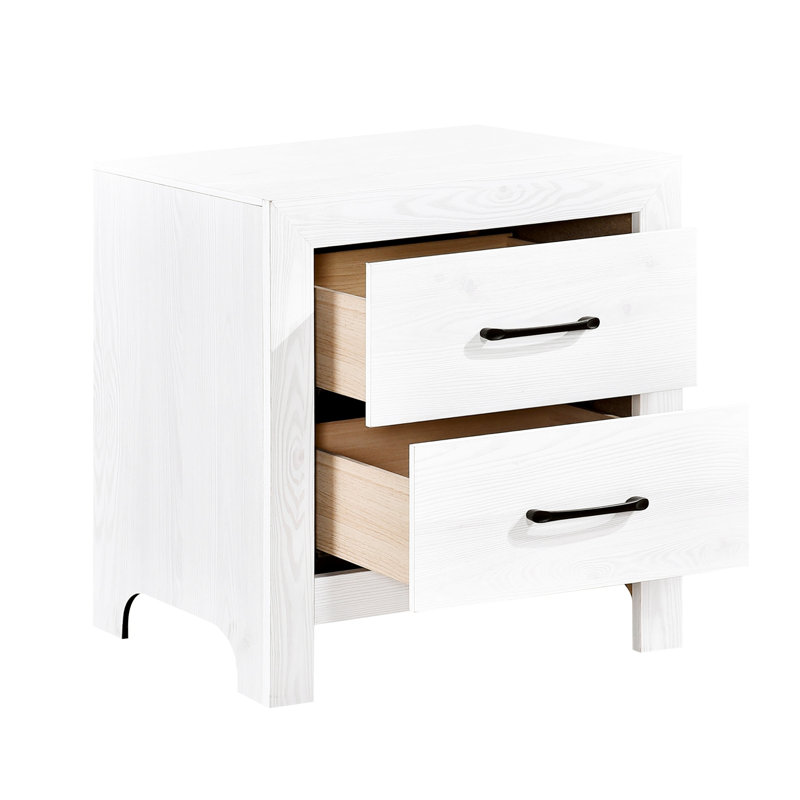 Table de chevet moderne en blanc avec 2 tiroirs et fabrication en bois d'ingénierie - Mobilier de chambre à coucher rustique aspect métal noir