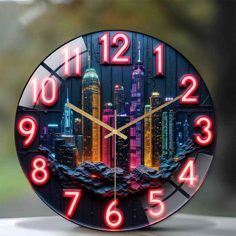City Skyline Wall Clock Decorative Art Art - 12'' Modern Glass Wall Clock