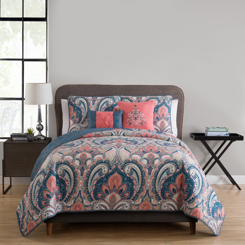 Casablanca Bohemian Standard Damask Quilt, Full/DoubleQuilt+2 Standard Sham+2 Throw Pillow, Coral Navy Blue Gray