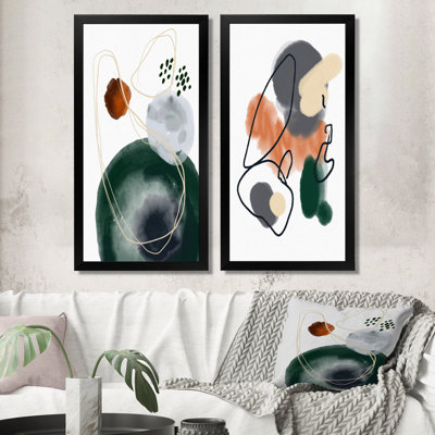 «Dark Green and Orange Abstract Composition», ensemble de 2 peintures sur toiles