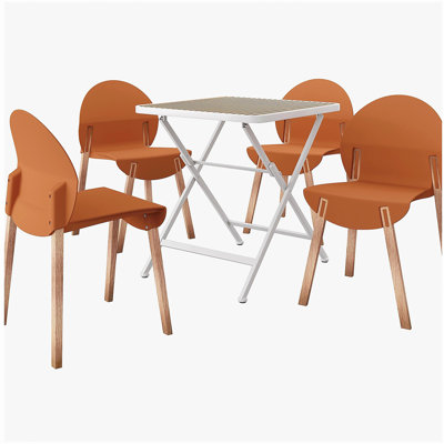 Holiday - 4-Pack Grey Blue Chairs – Red Oak Wood Legs & PP Seat with Modern folding indoor/outdoor square table- PP tabletop with metal legs(White, khaki)