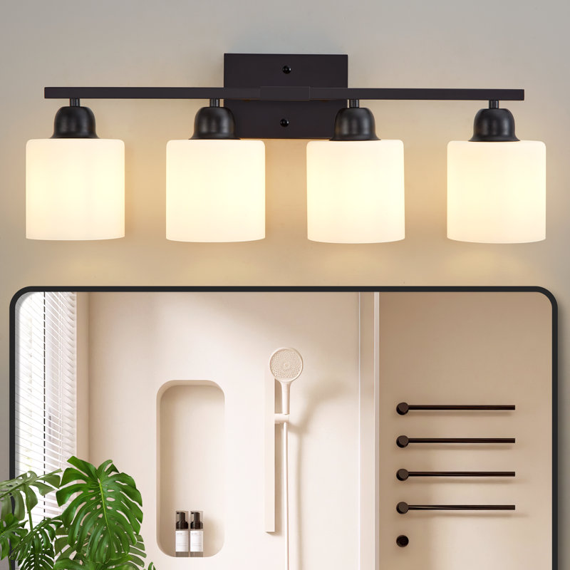  4-Light Dimmable Bathroom Vanity Light with Frosted Milk Glass Shades, Matte Black, 4 Lights