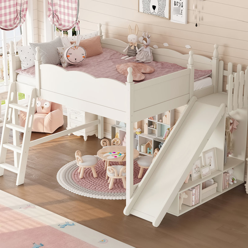 Grand lit mezzanine en bois massif beige avec rangement, garde-robe, glissade amovible, boîte sans sommier, rangement polyvalent sous le comptoir et conception facile à assembler