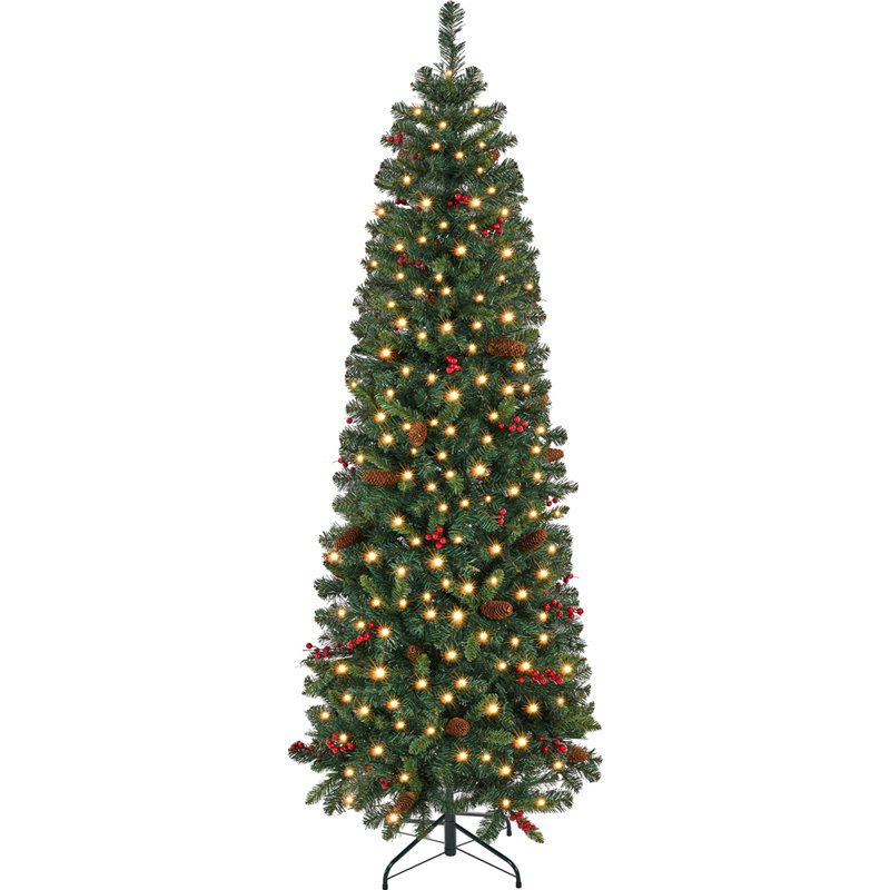 Arbre de Noël épinette lumineux facile à installer avec pommes de pin et baies de houx, 7.5'