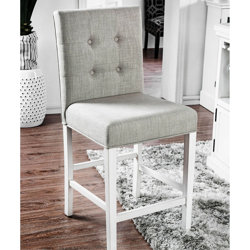 Ensemble de 2 chaises à hauteur de comptoir de style rustique blanc antique et gris avec dossier rembourré élégant pour salle à manger de 2 personnes et espace confortable en tissu