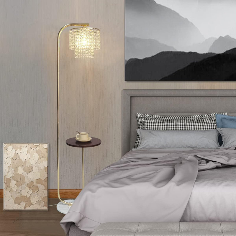 Modern Arched Crystal Floor Lamp With Marble Base, Table, And Gold Finish For Living Rooms