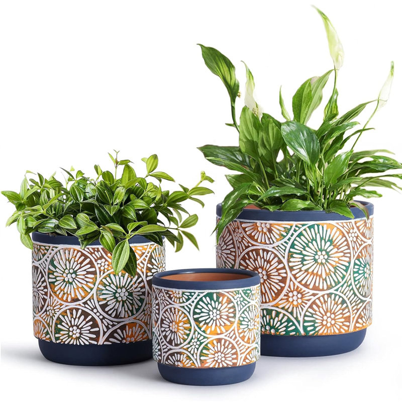 3 pots de plantes en céramique avec trous de drainage, Bleu